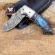 Handmade Damascus Best Folding Pocket Knife Blue Handle Knife
