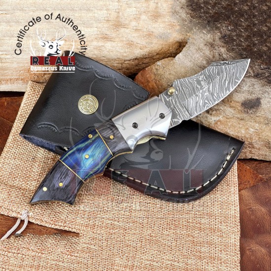 Handmade Damascus Best Folding Pocket Knife Blue Handle Knife