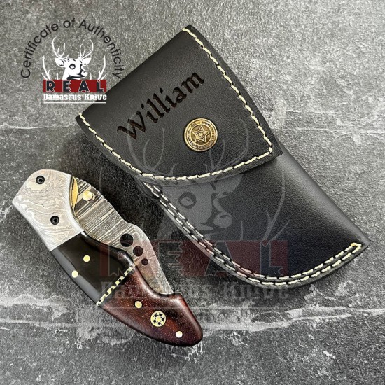Custom Personalized Damascus Stainless Steel Folding Knife Buffalo Horn