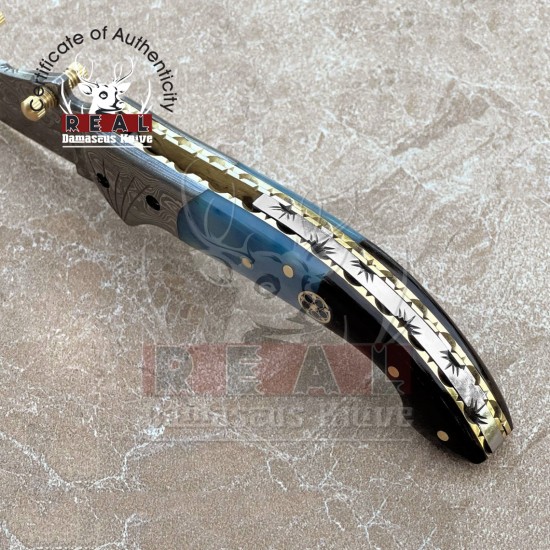 Damascus Best Folding Knife Camel Bone And Buffalo Horn Handle