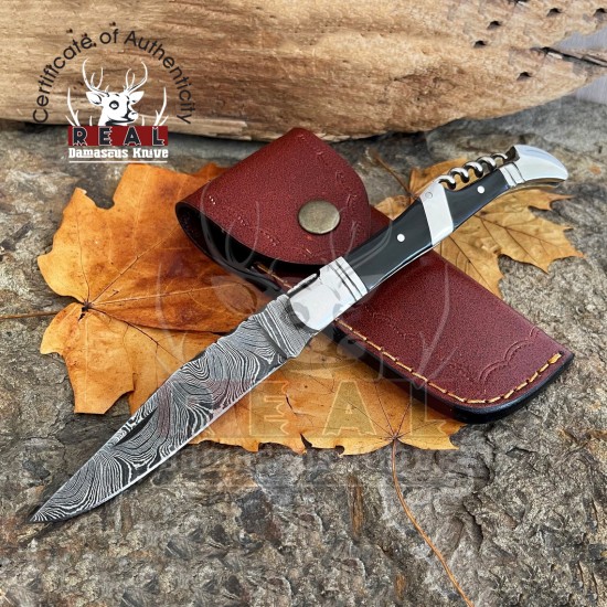 Handmade Damascus Steel Knife Corkscrew Laguiole Stainless Steel Pocket Knife