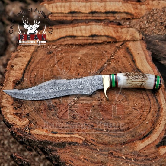 14" Hand Made Damascus Steel Hunting Knife with Leather Sheath