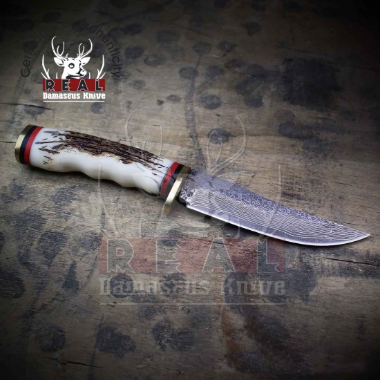 9" Damascus Fixed Blade Hunting Knife | Damascus Fixed Blade Knife | Ornate Faux Stag & With Leather Sheath