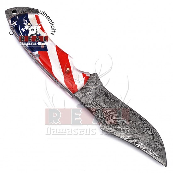 Damascus Steel Fixed Blade Knife American Flag Handle Full Tang