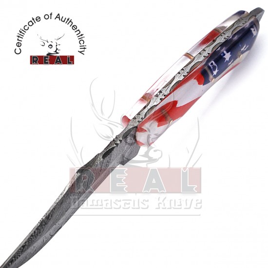 Damascus Steel Fixed Blade Knife American Flag Handle Full Tang