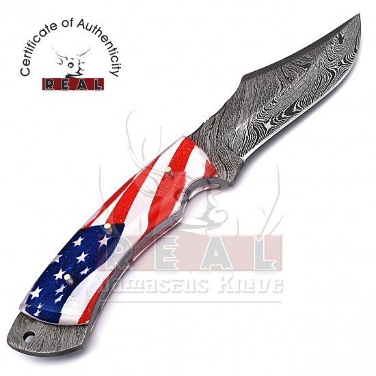 Damascus Steel Fixed Blade Knife American Flag Handle Full Tang