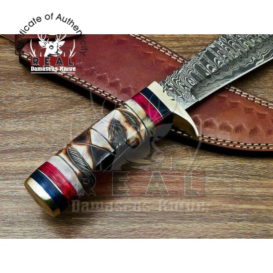 Buy Damascus Steel Blade Hunting Knife | Striped Bowie Knife  |Multi Color Handle A Beautiful Work | Damascus Hunting Knife