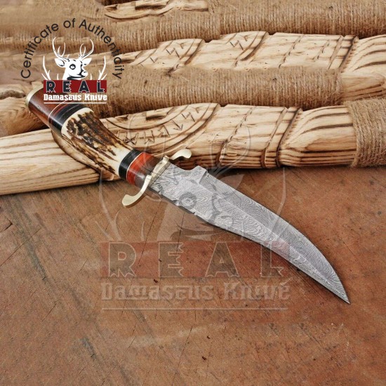 Custom Handmade | Damascus Steel Bowie Knife Stag Horn | Skinner Knife