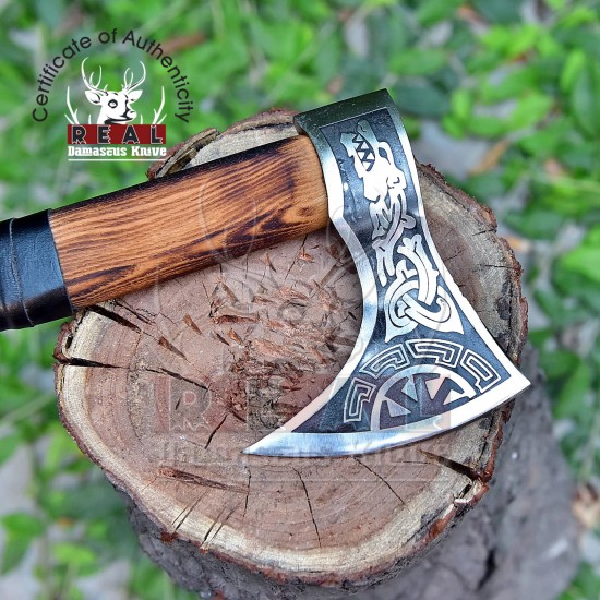 Custom Gift Forged Carbon Steel Viking Axe Hatchet Rose Wood Throwing Axes Viking Bearded Camping Axe