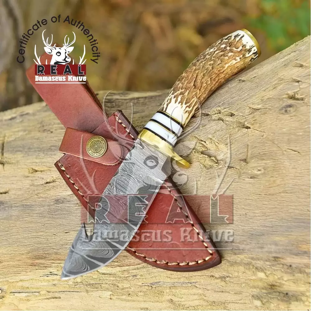 Handmade Damascus Steel Gut Hook Hunting Knife EDC Personalized Gift
