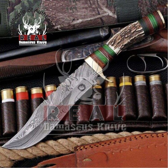 Handmade Damascus Steel Hunting Knife Hand Forged Stag Antler Handle For Sale | Personalized Gift | Birthday gift | Camping Knife