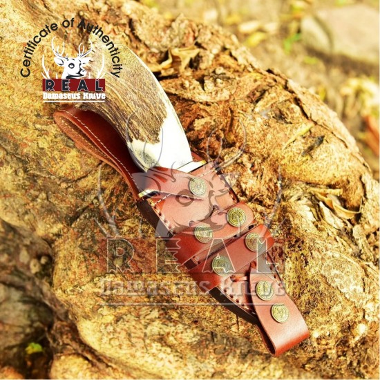 Handmade Damascus Hunting Knife Forged Steel With Stag Crown Handle | Groomsmen Gift | Hunting Knife