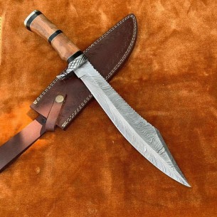 Custom Handmade Damascus Steel Hunter Bowie Knife With Leather Sheath Best Gift for Father Day