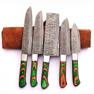 Handmade Damascus Chef Set 5 Pcs Kitchen Knives Set, Green Pakka Wood Handle