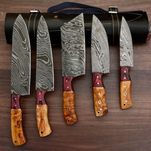 Handmade Damascus Chef set Of 5pcs With Leather