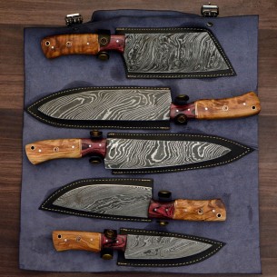 Handmade Damascus Chef set Of 5pcs With Leather