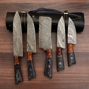 Custom Handmade Damascus Chef set Of 5pcs With Leather Cover