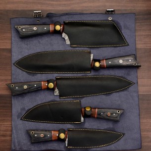 Custom Handmade Damascus Chef set Of 5pcs With Leather Cover