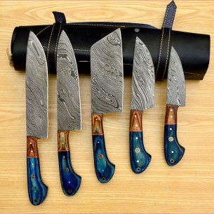 Handmade Damascus Chef set Of 5pcs With Leather