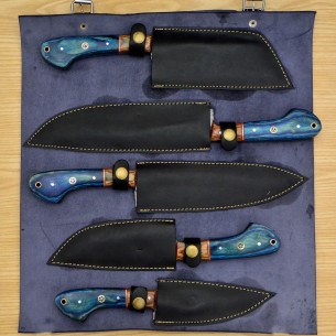 Handmade Damascus Chef set Of 5pcs With Leather