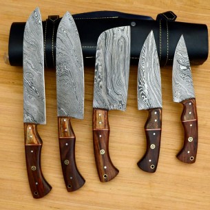 Handmade Damascus Chef set Of 5pcs With Leather