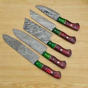 Handmade Damascus Chef set Of 5pcs With Leather