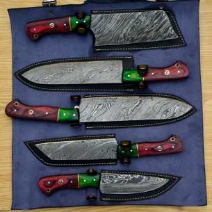 Handmade Damascus Chef set Of 5pcs With Leather