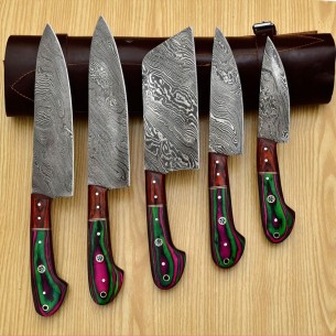 Handmade Damascus Chef set Of 5pcs With Leather