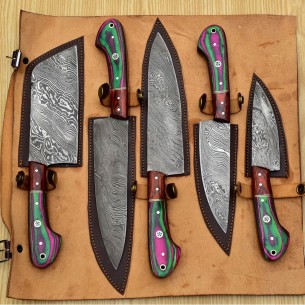 Handmade Damascus Chef set Of 5pcs With Leather