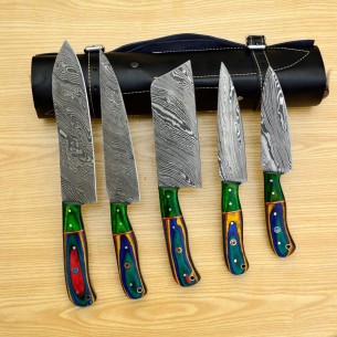 Handmade Damascus Chef set Of 5pcs With Leather