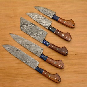 Handmade Damascus Chef set Of 5pcs With Leather