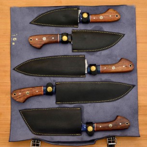 Handmade Damascus Chef set Of 5pcs With Leather