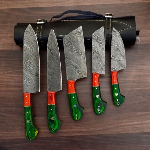 Handmade Damascus Chef set Of 5pcs With Leather Cover