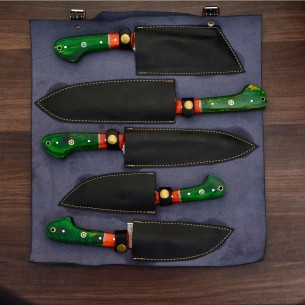 Handmade Damascus Chef set Of 5pcs With Leather Cover