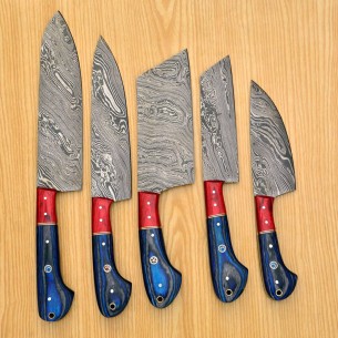 Handmade Damascus Chef set Of 5pcs With Leather Cover