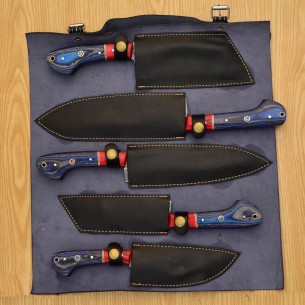 Handmade Damascus Chef set Of 5pcs With Leather Cover