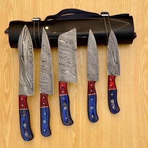 Handmade Damascus Chef set Of 5pcs With Leather Cover