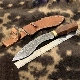 Genuine Gurkha Kukri Damascus Steel Blade Knife with Walnut Wood scale 12inch