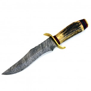 Damascus Bowie Hunting Knife, Buck Hunting Knife Stag Antler Handle