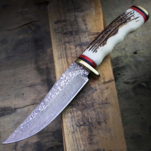 9" Damascus Fixed Blade Hunting Knife Damascus Fixed Blade Knife Ornate Faux Stag & With Leather Sheath