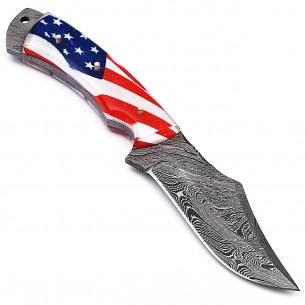 Damascus Steel Fixed Blade Knife American Flag Handle Full Tang