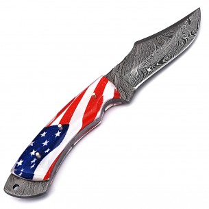 Damascus Steel Fixed Blade Knife American Flag Handle Full Tang