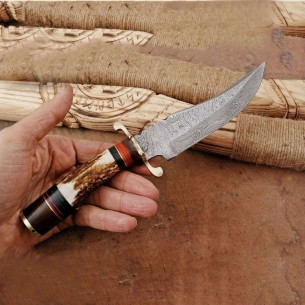Custom Handmade Damascus Steel Bowie Knife Stag Horn Skinner Knife