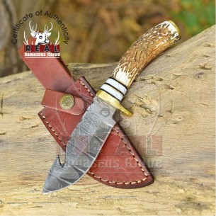 Handmade Damascus Steel Gut Hook Hunting Knife EDC With Original Stag antler Handle | Personalized Gift|Birthday gift | Camping Knife