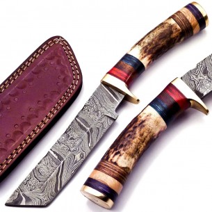 Custom Handmade Fixed Blade Hunting Knives Handle Deer Antler With Leather Sheath