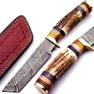 Fixed Blade Hunting Knife Handle Deer Antler With Leather Sheath