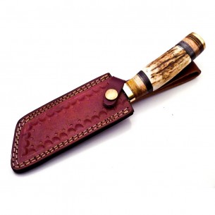 Fixed Blade Hunting Knife Handle Deer Antler With Leather Sheath