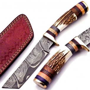 Handmade Damascus Steel Hunting Knife Handle Deer Antler With Leather Sheath handle