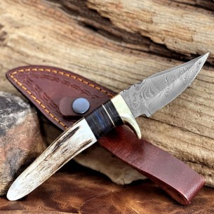 Damascus Steel Stag Antler Handle Fixed Blade Knife - Custom Damascus Pocket Knife