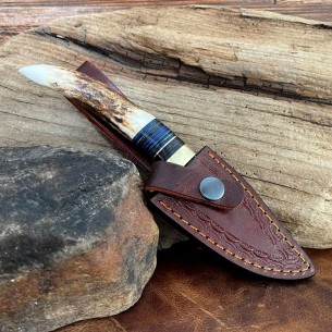 Damascus Steel Stag Antler Handle Fixed Blade Knife - Custom Damascus Pocket Knife